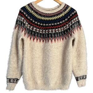 Compania Fantastica Womens Fair Isle Yoke Sweater Size Large Cream Knit Pullover
